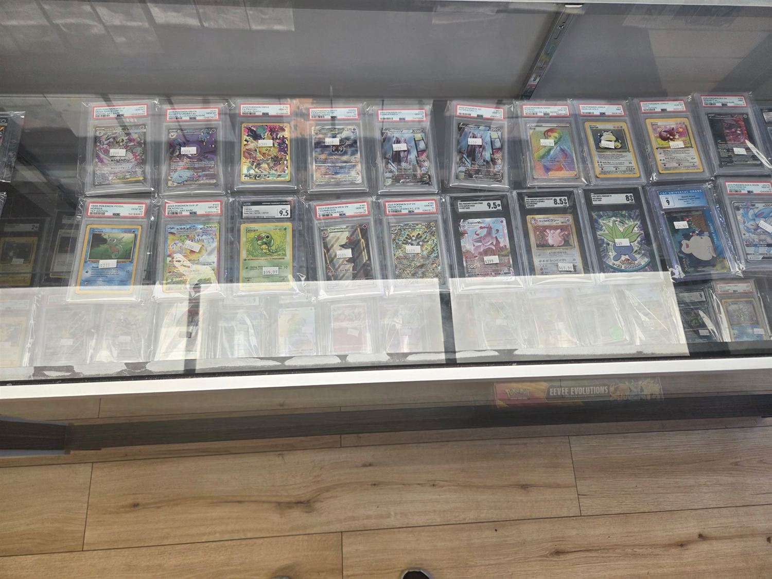 Display case of graded Pokémon slabs — PSA and CGC gem mint cards